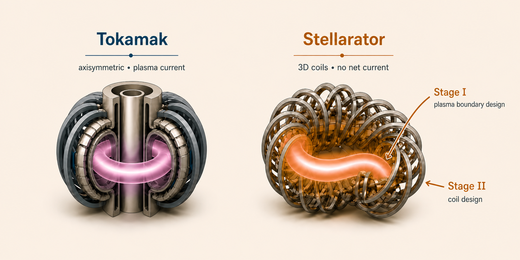 Tokamak and stellarator comparison with stage I plasma boundary design and stage II coil design